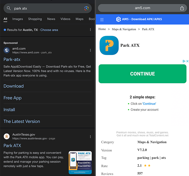 Fraudulent website impersonating Austin’s Park ATX app
